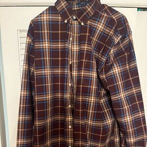 Lands' End No Iron Button Down Shirt Brown and Blue Plaid